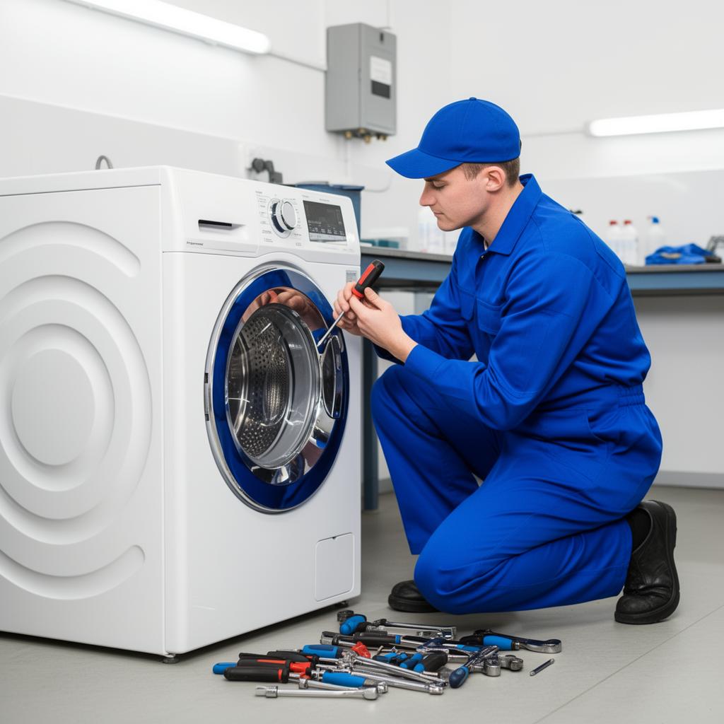 Técnico consertando máquina de lavar